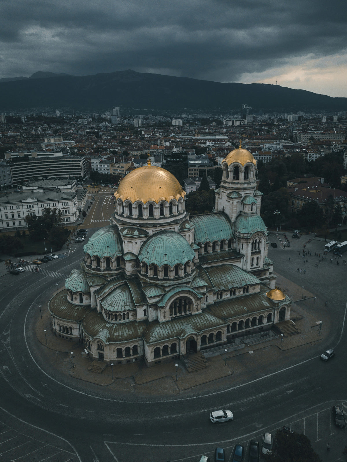 Aerial view of the gold-domed Alexander Nevsky Cathedral in Sofia