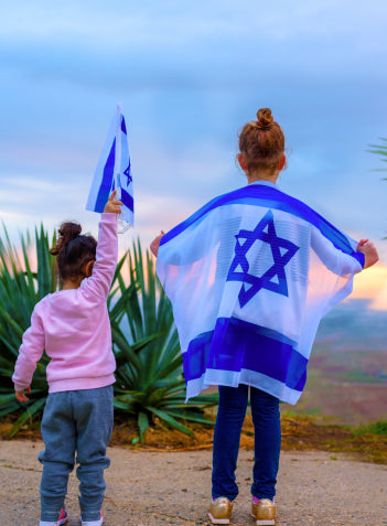 Two children holding Israeli flags, looking out over the landscape