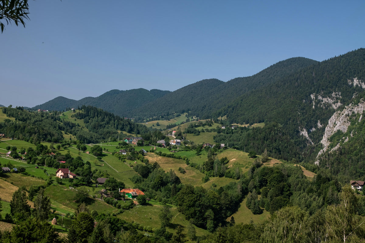 Green rolling hills and valley with scattered houses below mountains