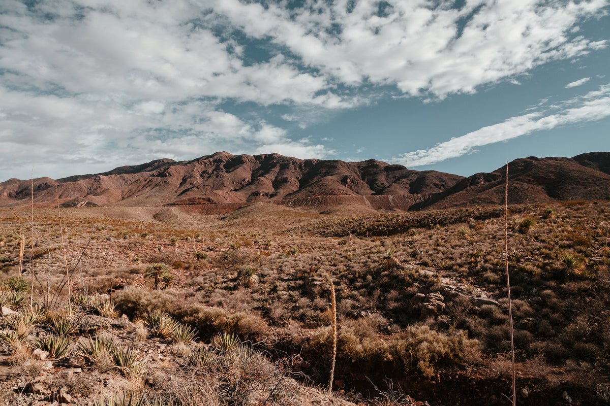 Dry desert scrubland with red hills under blue sky and clouds