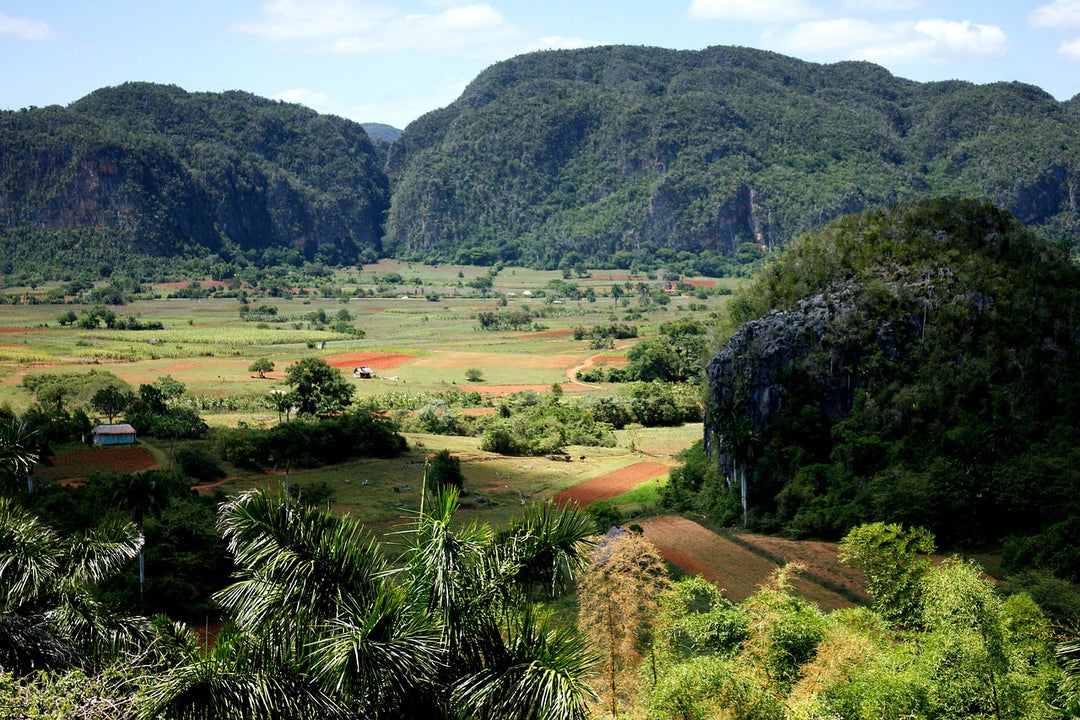 Lush valley farmland surrounded by steep rounded limestone hills